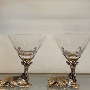 Gold Stag Reindeer Martini Glasses 7.5oz Set of 2 Christmas Holiday Barware New